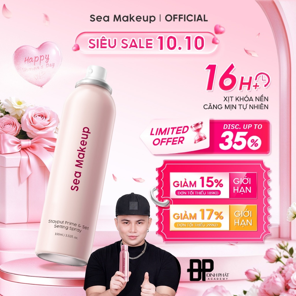 Xịt khoá nền Sea Makeup Stayput Prime & Set Setting Spray Hỗ trợ 16H+++ dưỡng ẩm lâu trôi và hiệu quả lì mịn 100ml