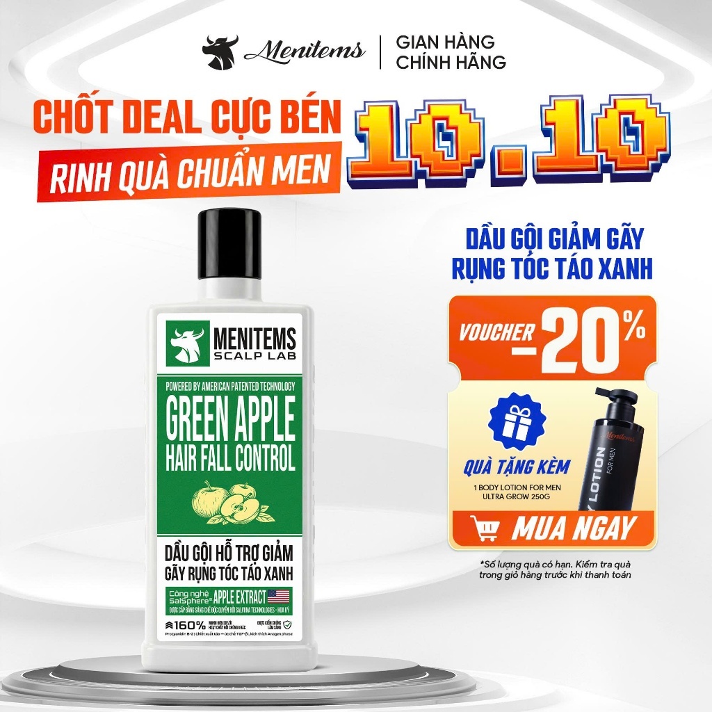 Dầu Gội Ngăn Rụng Tóc Táo Xanh Menitems Scalp Lab Green Apple, Giảm Gãy Rụng, Kích Thích Mọc Tóc Chuẩn Khoa Học 350ml