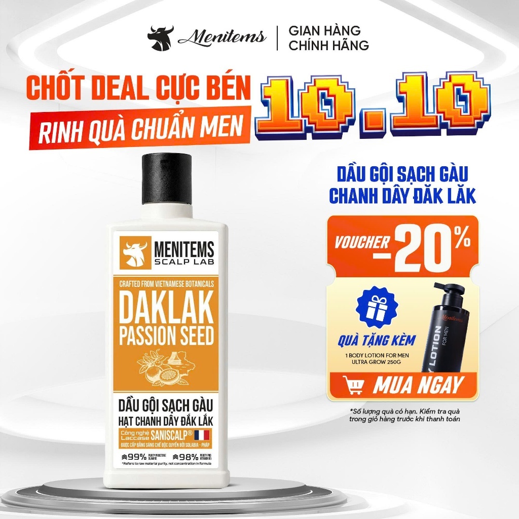 Dầu Gội Sạch Gàu Chanh Dây Chuẩn Khoa Học Dak Lak Passion Seed Menitems Scalp Lab 350ML, Giảm Gàu Ngứa Da Đầu Cho Nam