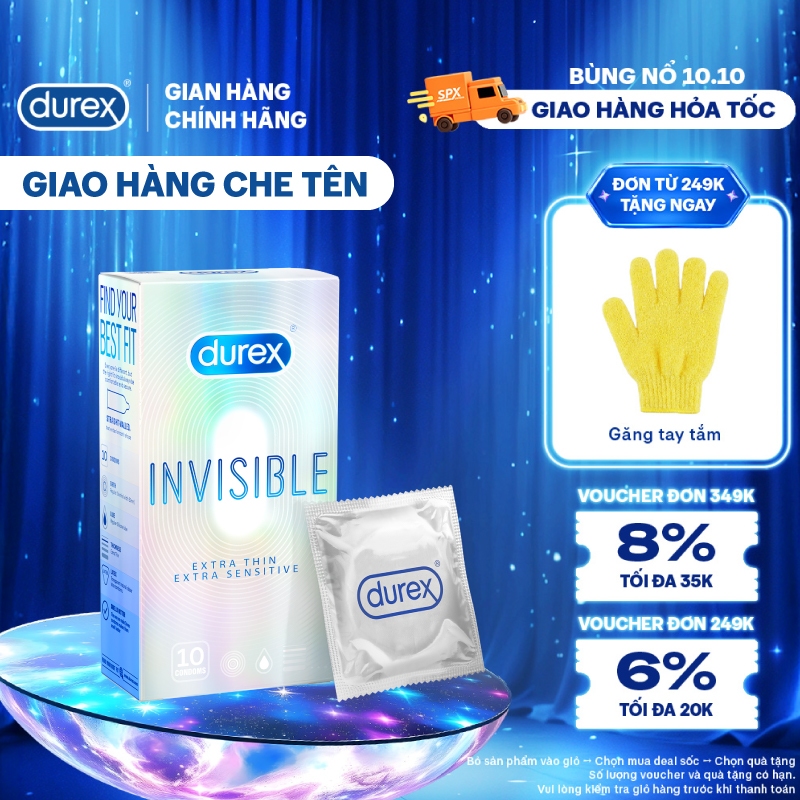 Bao cao su Durex Invisible siêu mỏng size 52mm, hộp 10 bao