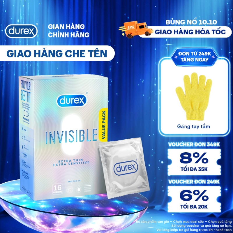 Bao Cao Su Durex Invisible Siêu Mỏng, Size 52 mm, Hộp 16 Bao Mới Ra Mắt - Hộp Lớn Siêu Tiết Kiệm