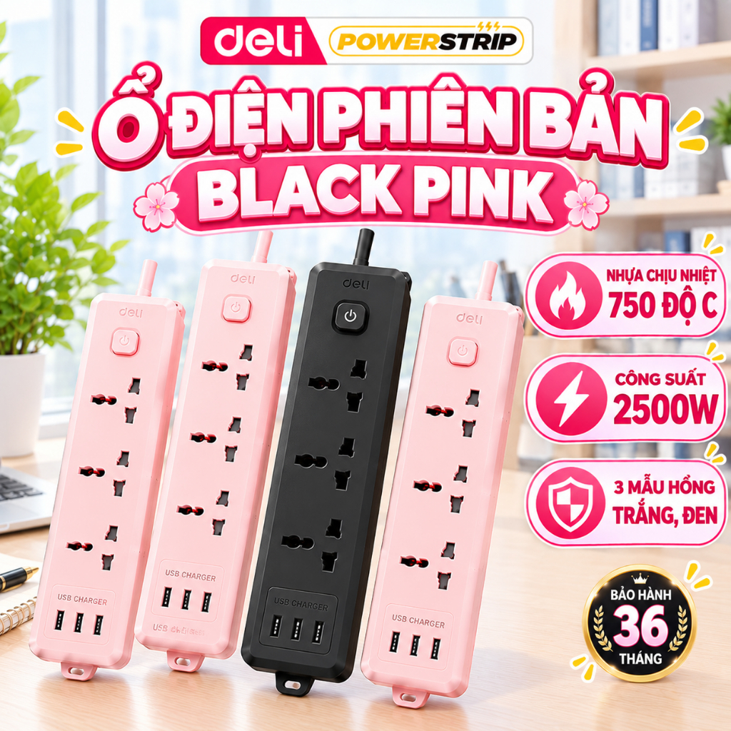 [🔥DEAL HOT 10.10] Ổ Cắm Điện Đen Hồng DELI Công Suất 2500W, Ổ Điện Đa Năng Để Bàn Kết Hợp Cổng USB/ TypeC Sạc Nhanh 20W