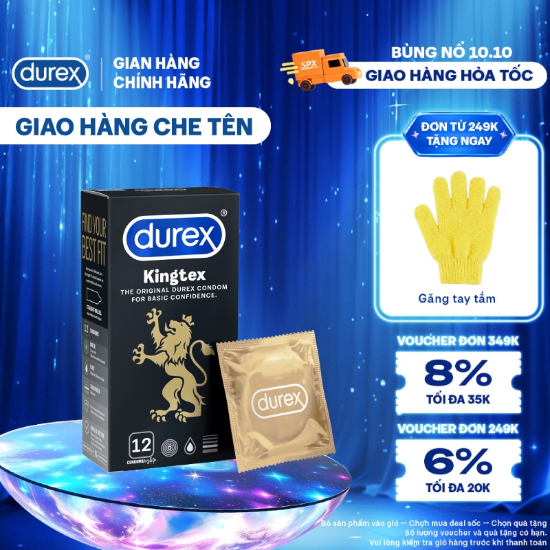 Bao cao su Durex Kingtex ôm sát, bôi trơn, size 49mm, hộp 12 bao