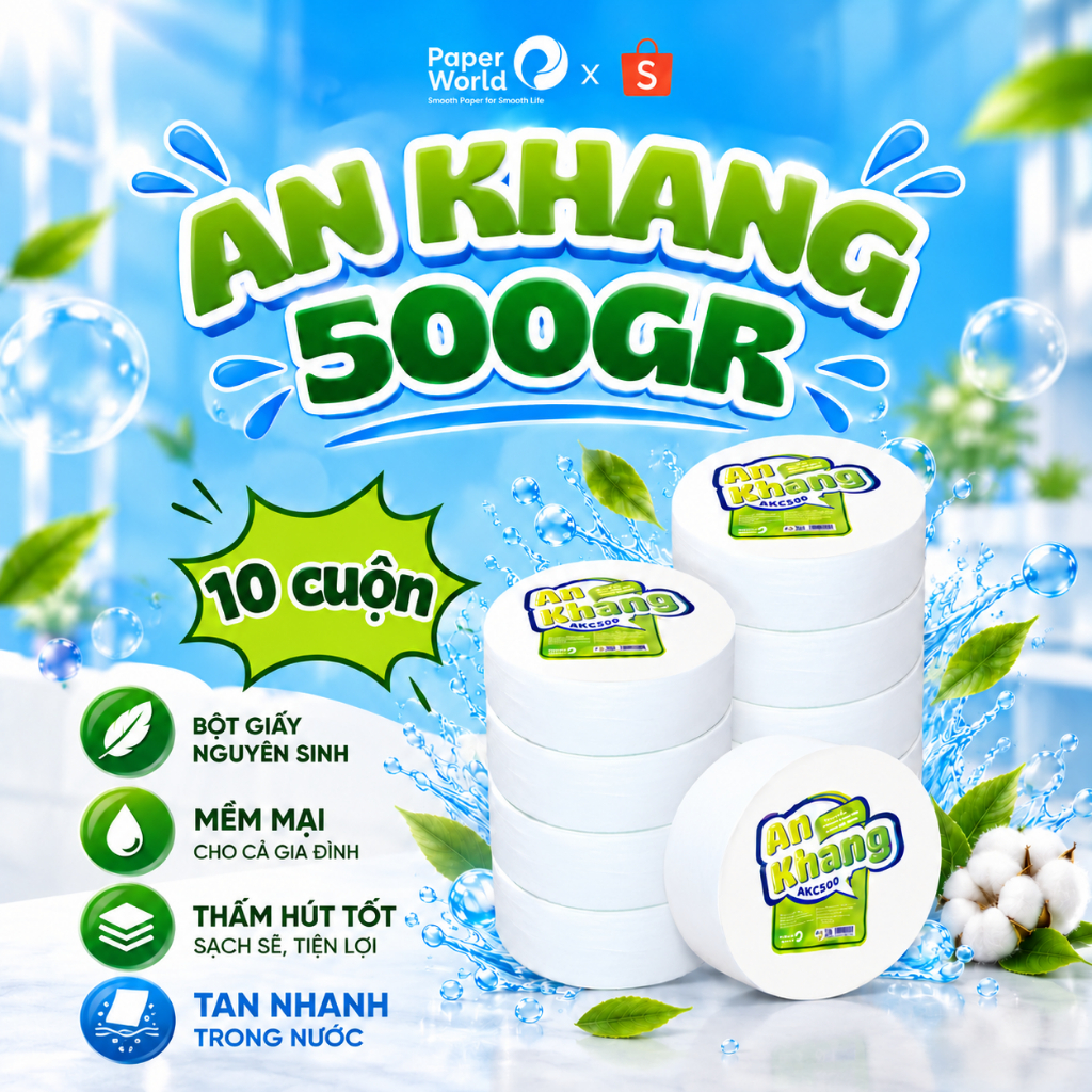 [Combo 10] Giấy vệ sinh công nghiệp cuộn lớn An Khang cao cấp  500g 2 lớp mềm mịn, có lõi