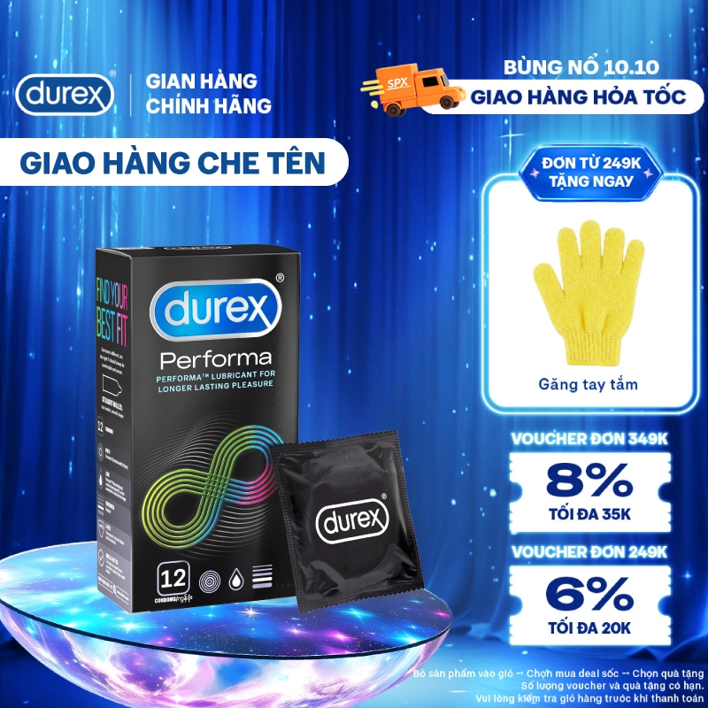 Bao cao su Durex Performa kéo dài thời gian, size 52mm, hộp 12 bao