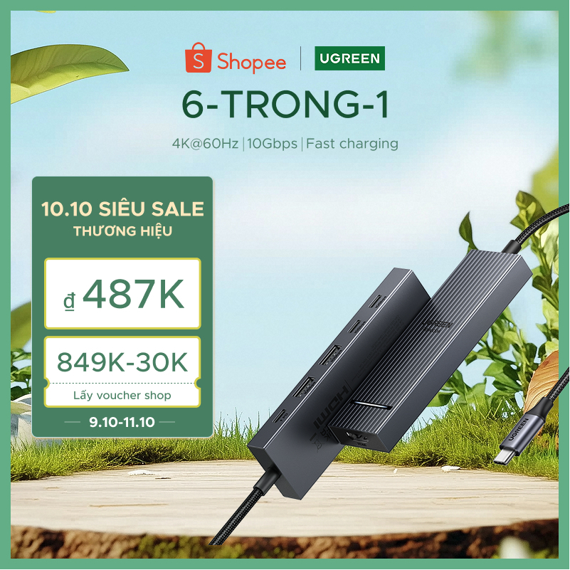 Ugreen 4K60hz 6-IN-1USB-C Trạm Docking đa chức năng USB3.2 Gen2 10Gbps