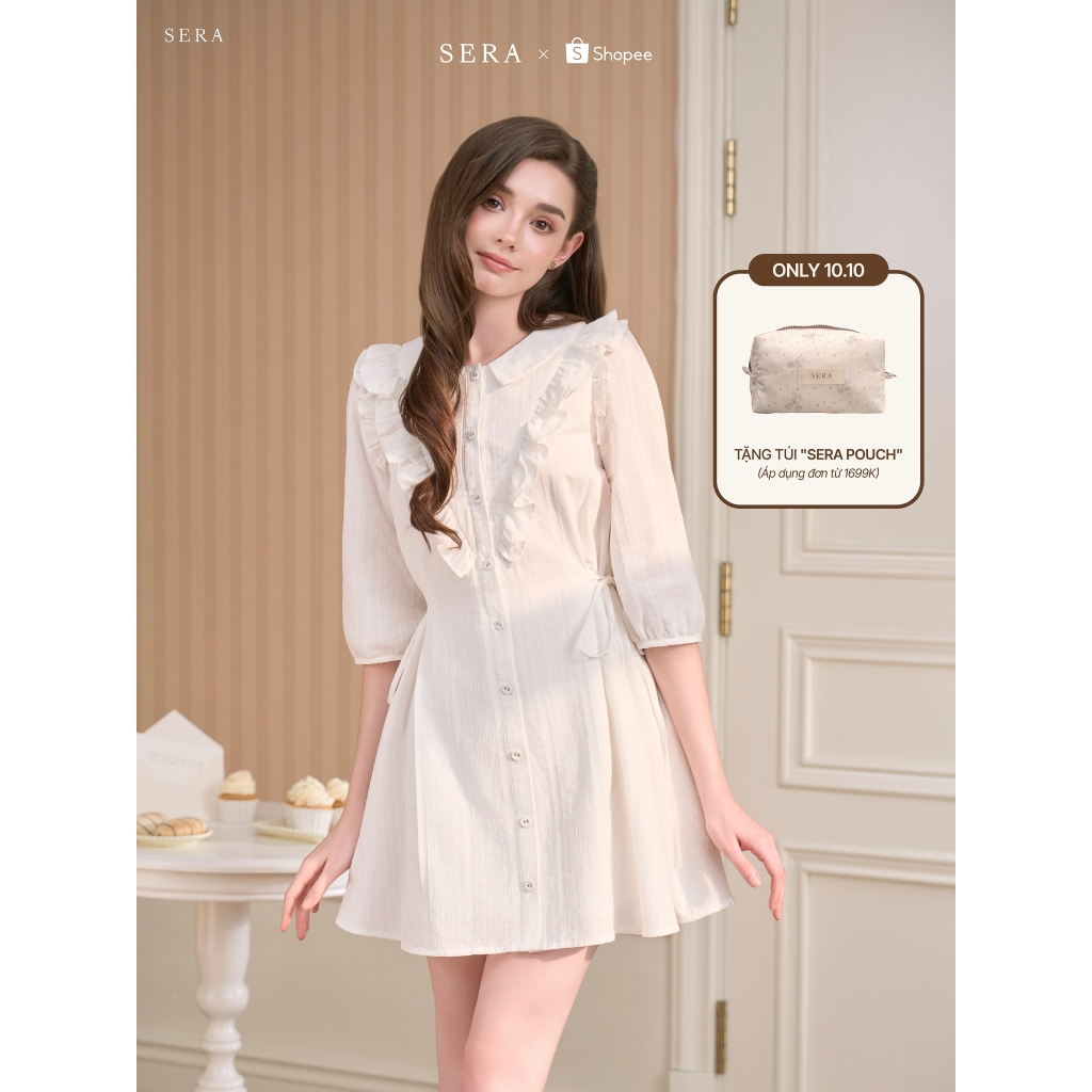 SERA - Váy trắng tay lỡ phối bèo thắt nơ eo Zoey