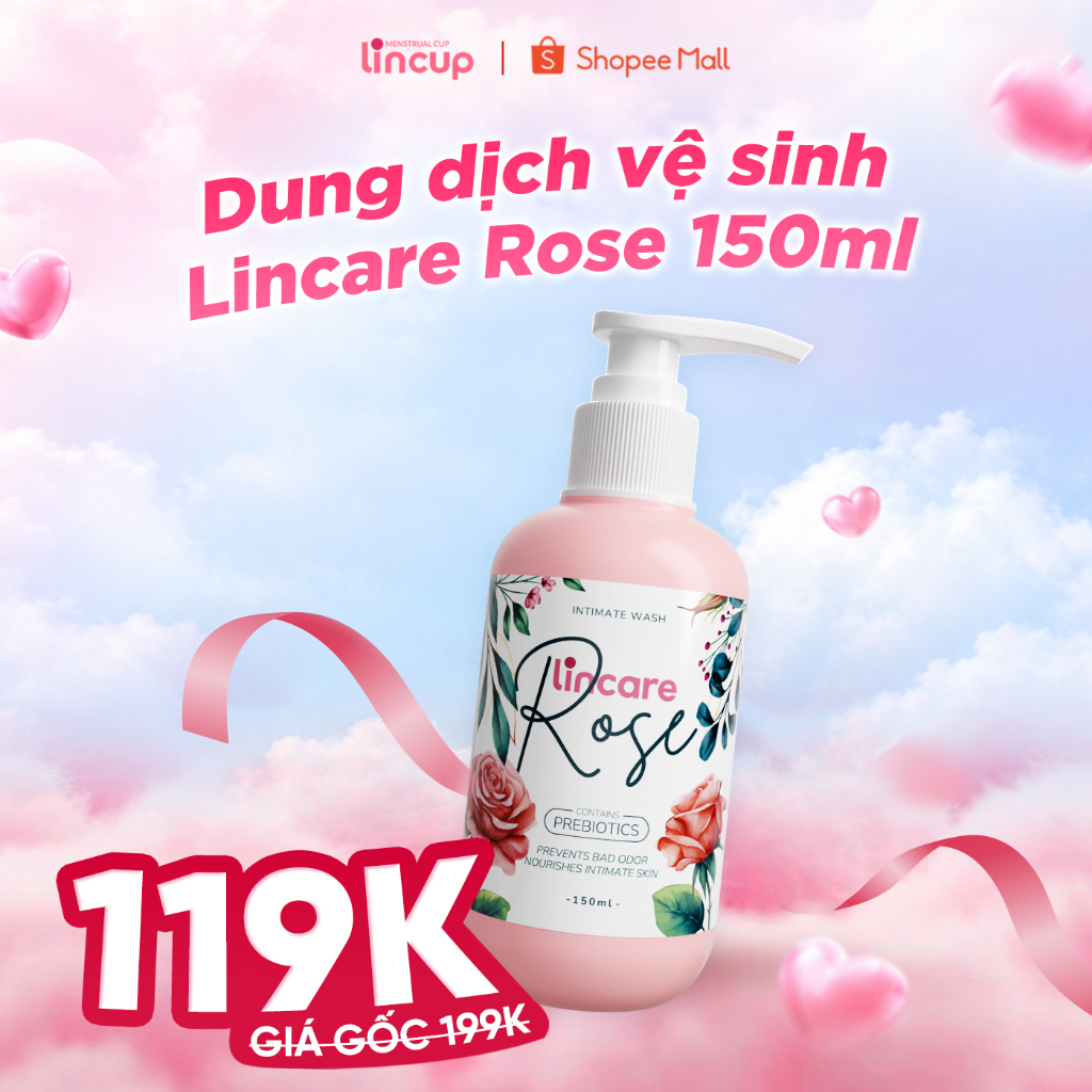 (Date T8.2027) Dung dịch vệ sinh phụ nữ Lincare Rose có chứa prebiotics, hỗ trợ dưỡng ẩm và cân bằng độ pH 150ml