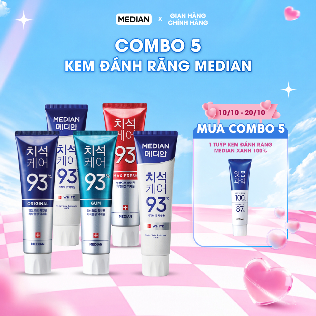 Combo 5 tuýp Kem Đánh Răng MEDIAN 93% Giúp Răng Chắc Khỏe , Trắng Sáng, Loại Bỏ Mảng Bám 120g