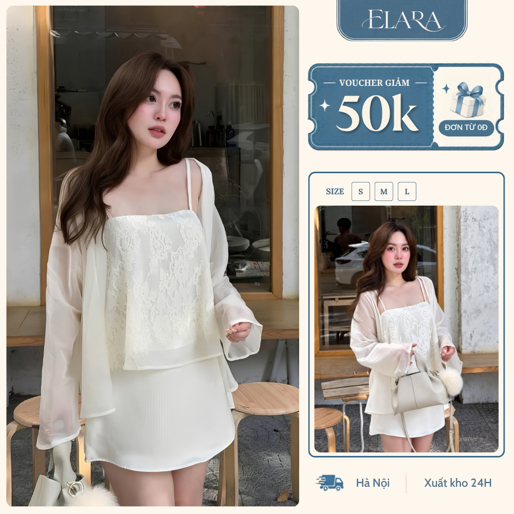 Set Áo 2 Dây Ren Kèm Áo Choàng Voan Mix Chân Váy Lụa Ngắn Phong Cách Tiểu Thư