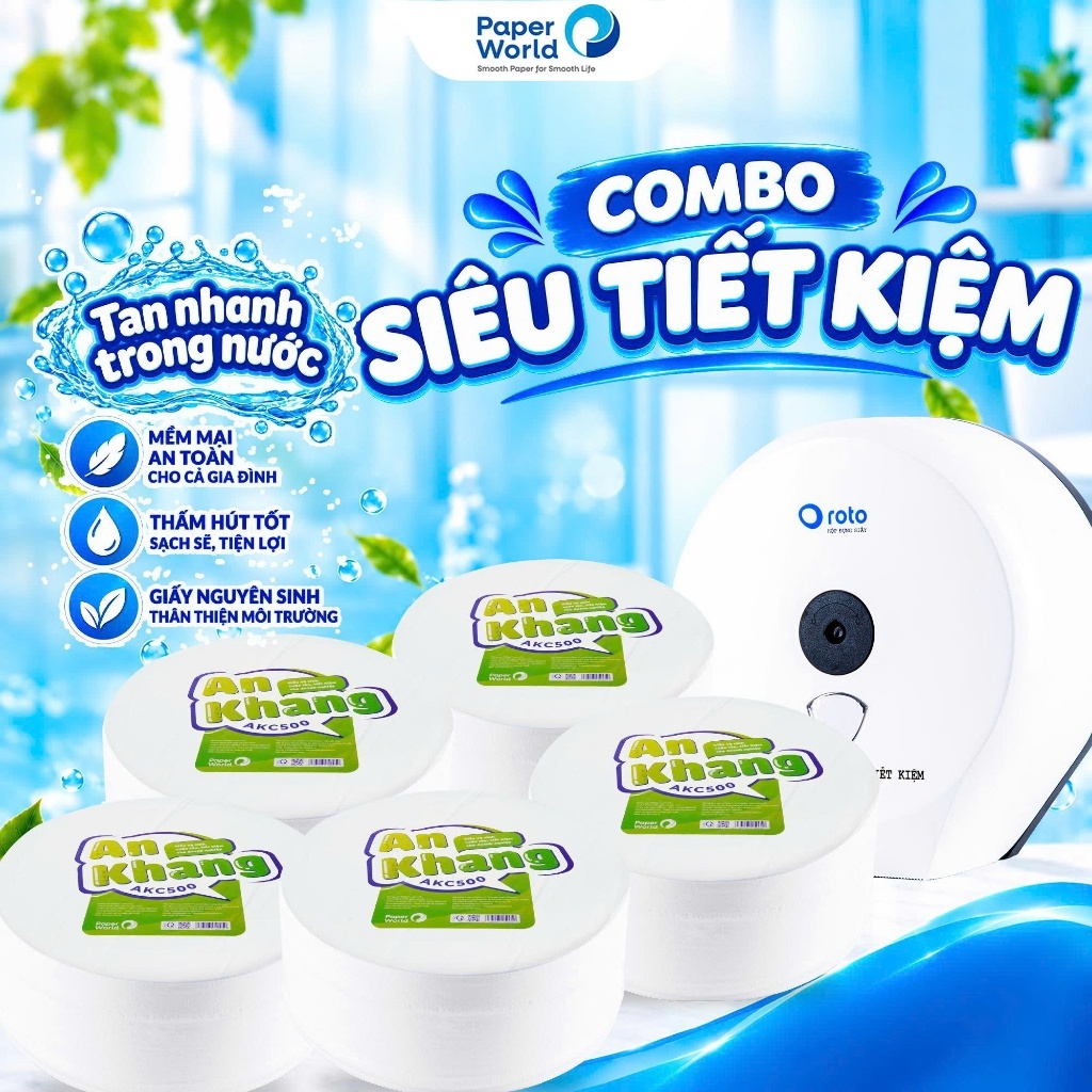[Combo 6 Cuộn + 1 hộp] Giấy vệ sinh cuộn lớn An Khang Caro500g + Hộp đựng giấy vệ sinh ROTO cao cấp