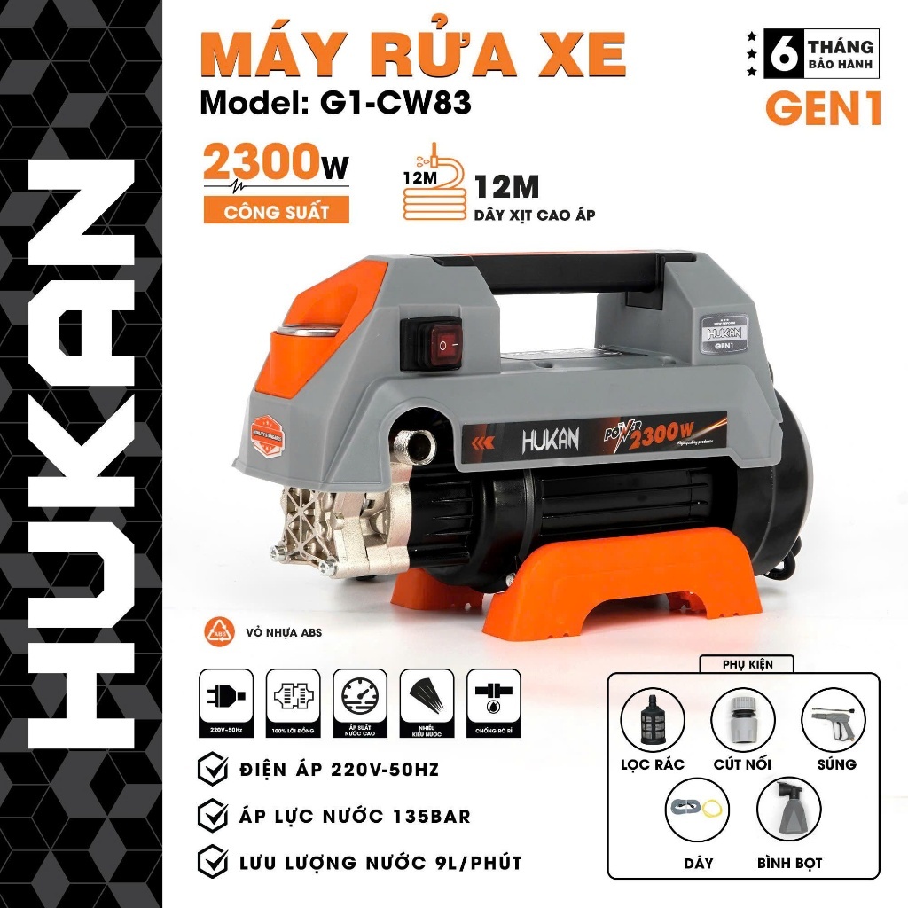 Máy Rửa Xe Hukan G1-CW83 / G1-CW84 2300W – Áp Lực 135 Bar, Lưu Lượng 9L/Phút, Máy Xịt Rửa Xe Gia Đình Kèm Phụ Kiện