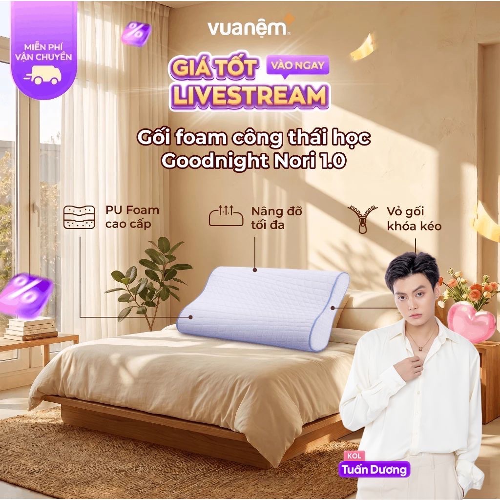 Gối Foam Goodnight Nori 1.0 30x60 cm lượn sóng nâng đỡ cổ vai gáy