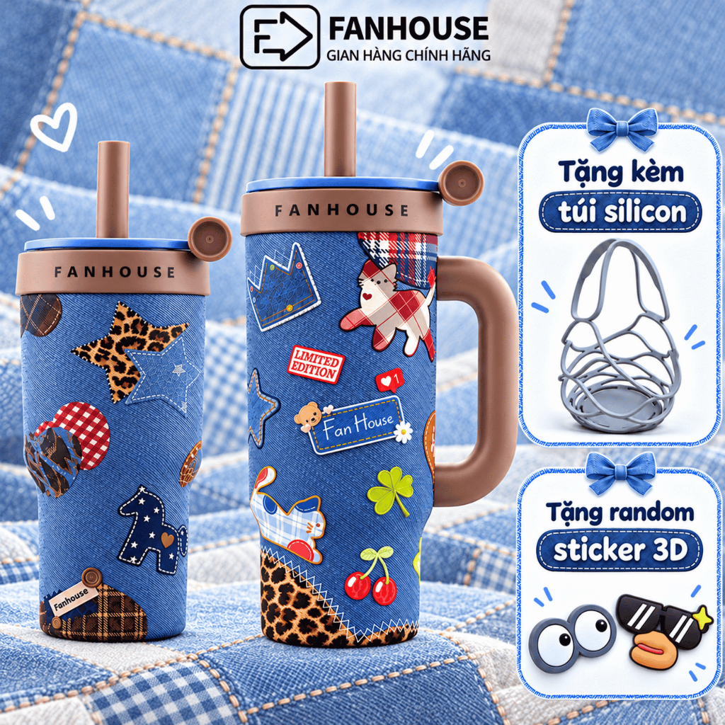 Ly giữ nhiệt Wings II dung tích 900ml lõi Thủy Tinh, Fan House bình giữ nhiệt 6-8h tặng ống hút trà sữa