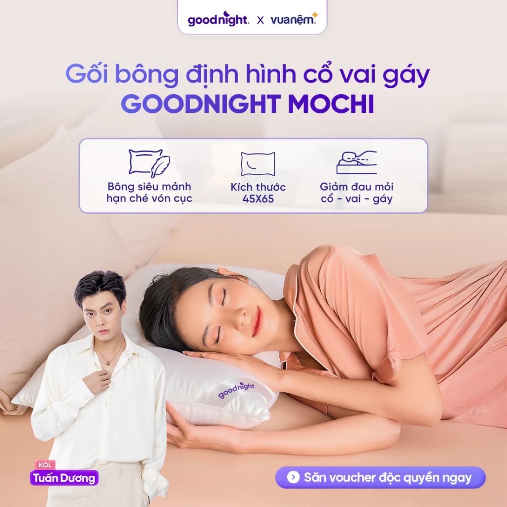 Gối Ngủ Vua Nệm Goodnight Mochi 45x65cm, Gối Nằm Chất Liệu Gòn Lông Vũ, Ruột Gối Cao Cấp