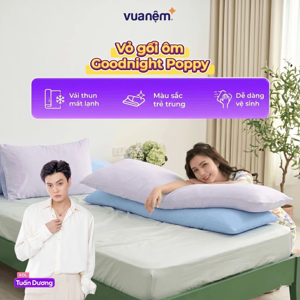 Vỏ Gối Ôm Vua Nệm Goodnight Poppy làm mát mùa hè 45x120cm, Vỏ Gối Ôm Thun Lạnh Chất Vải Thun Mềm