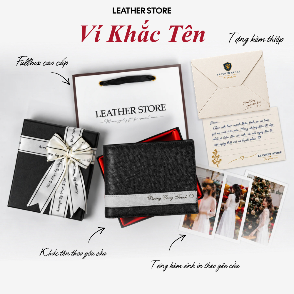 [ Fullbox Đã Gói Quà ] Ví nam khắc tên theo yêu cầu bóp nam da saffiano hộp túi thiệp người yêu bố