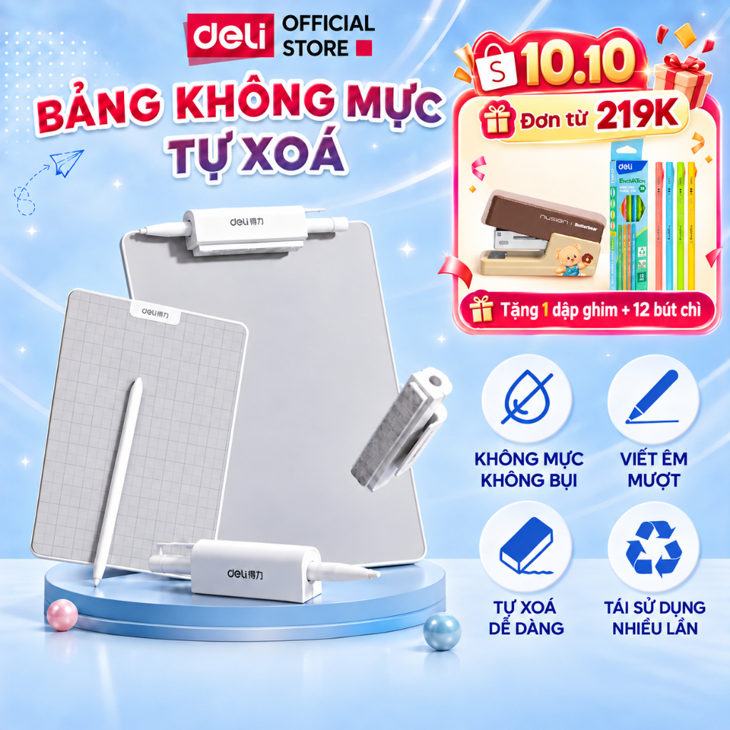 [🔥10.10 TẶNG COMBO QUÀ] Bảng Vẽ Từ Tính Tự Xoá Không Mực Deli - Bảng từ trơn, ô ly bề mặt nhám viết paperlike kèm bút