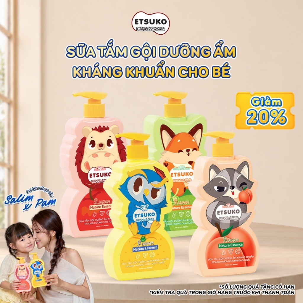 Sữa Tắm Gội Cho Bé ETSUKO 400ml Dưỡng Ẩm Dịu Nhẹ, Kháng Khuẩn An Toàn Cho Da Nhạy Cảm