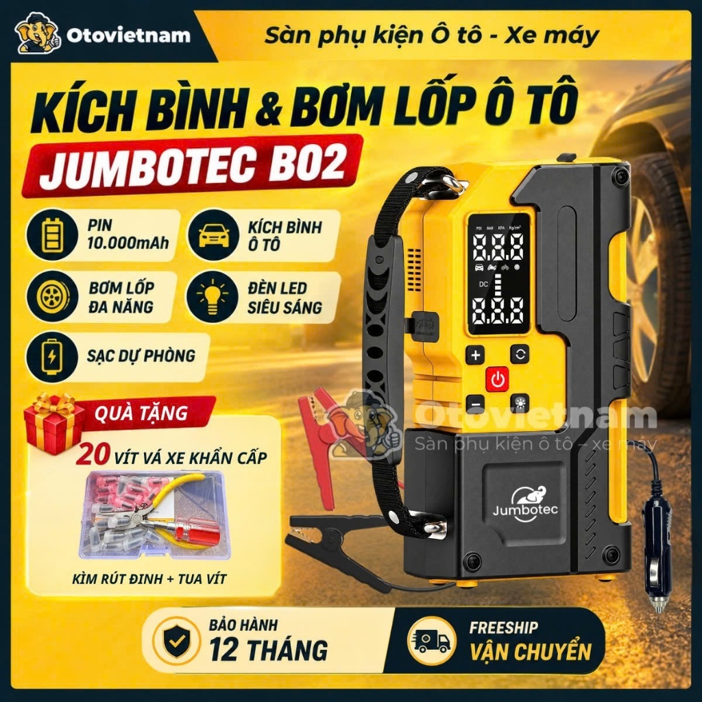 Bộ Kích Bình Ô Tô Jumbotec B02 4in1 [Bản nâng cao PIN 10,000mAh] Kèm Bơm Lốp 150PSI 120W, Sạc Dự Phòng, Đèn Pin
