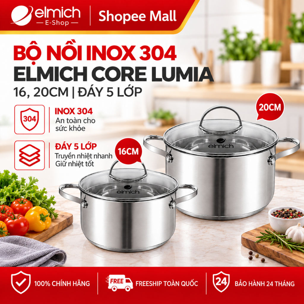 Bộ nồi Inox 304 elmich core lumia 16, 20cm đáy 5 lớp nồi bếp Từ cao cấp chính hãng elmich, nồi inox bếp từ