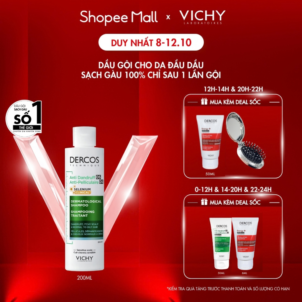 Dầu gội sạch gàu Dercos VICHY 100% chỉ sau 1 lần gội dành cho da dầu & ngứa, SỐ 1 Việt Nam chuyên gia khuyên dùng 200ml