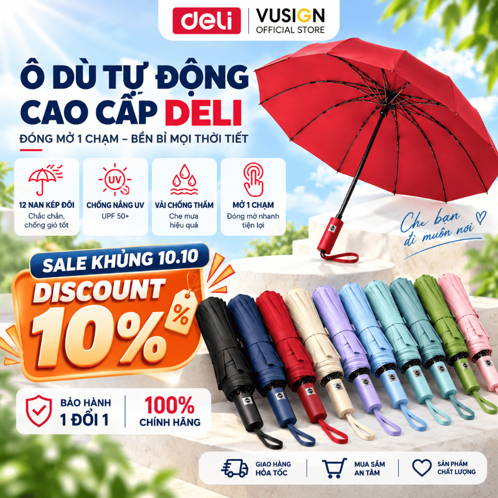 Ô Dù Che Mưa Đi Nắng Tự Động DELI 12 Nan Đôi Chống UV đường kính lớn Nút Đóng/Mở tự động Thông Minh Nhiều Màu