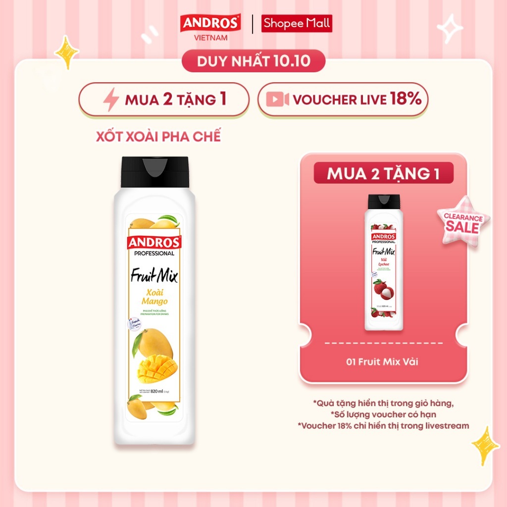 Xốt Xoài Pha Chế - Làm Từ Trái Cây Thật - Nguyên liệu pha chế - ANDROS FRUIT MIX - 820ml
