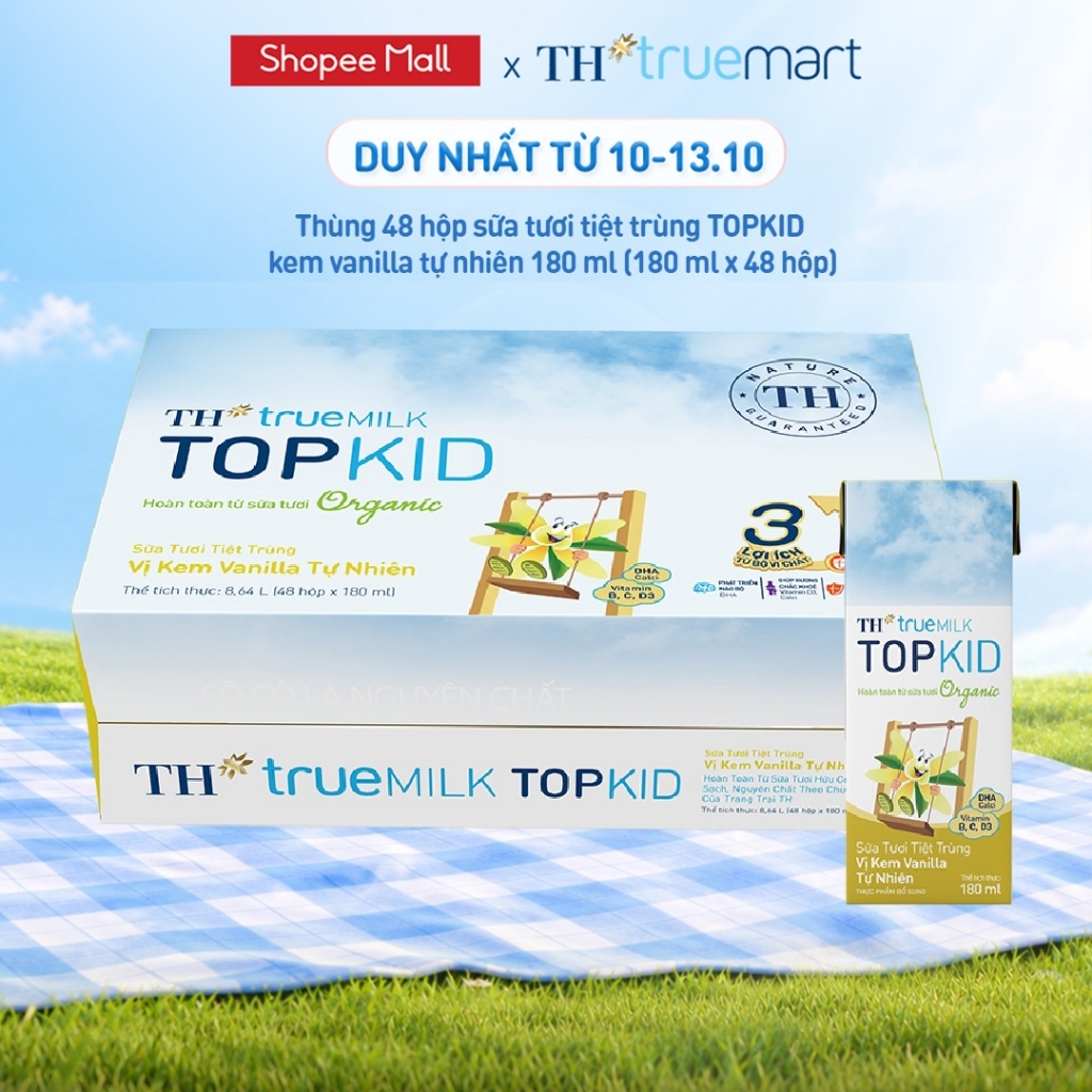 Thùng 48 hộp sữa tươi tiệt trùng TOPKID kem vanilla tự nhiên TH true MILK 180ml