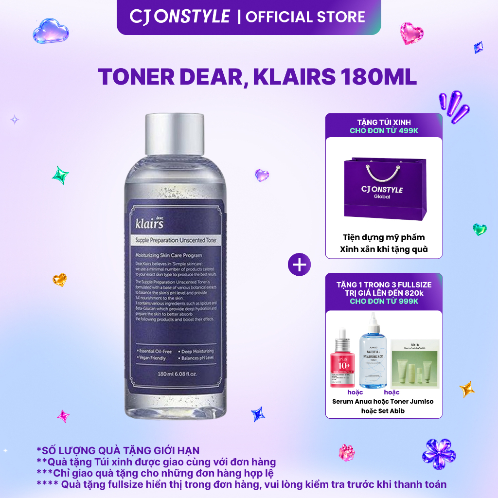 Nước hoa hồng Dear, Klairs Supple Preparation Unscented Toner quốc dân, dưỡng ẩm sâu 180ml