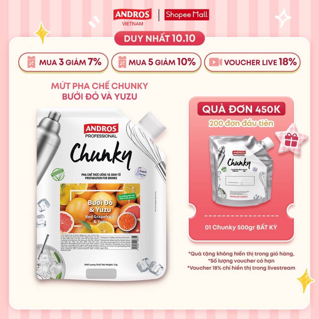 Mứt Trái Cây Pha Chế Bưởi đỏ & Yuzu - Có miếng trái cây thật - Nguyên liệu pha chế - ANDROS CHUNKY - 1kg