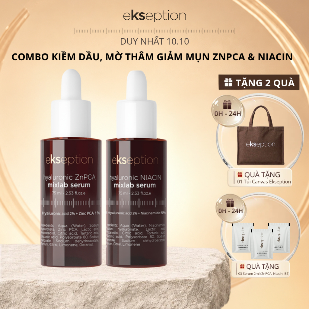 Combo Kiềm Dầu Mờ Thâm Giảm Mụn Ekseption Serum Kẽm Hyaluronic ZnPCA Mixlab HA+ 1% 75ml Và Hyaluronic Niacin Mixlab 75ml