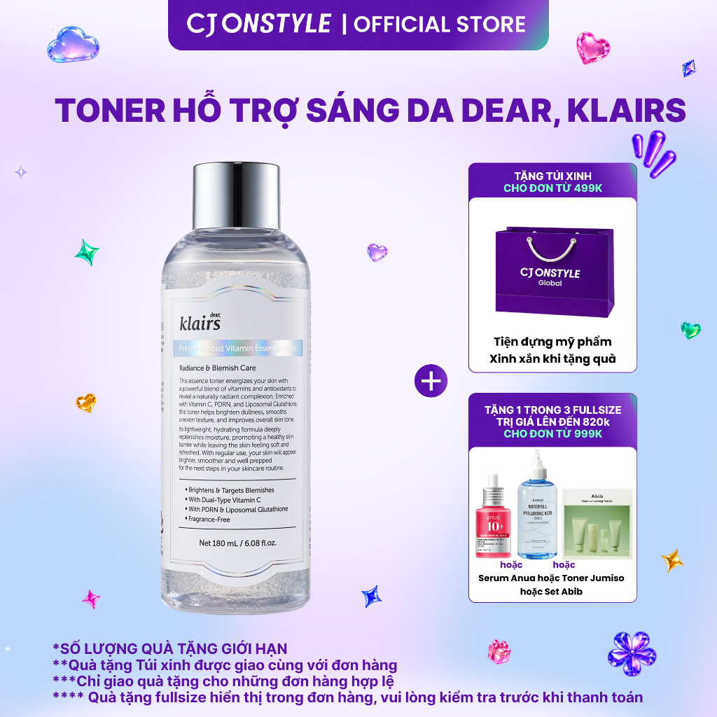 Nước hoa hồng Dear, Klairs Freshly Juiced Vitamin Essence Toner hỗ trợ làm sáng da 180ml