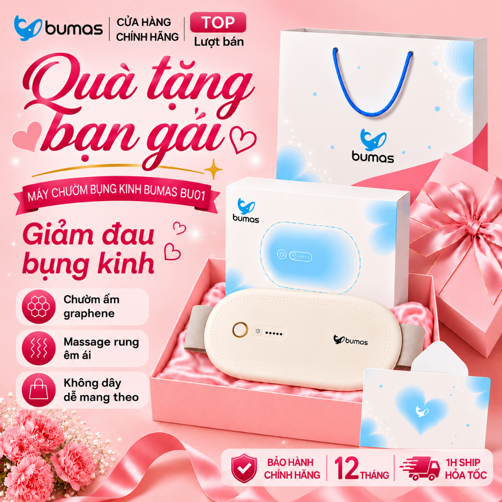 [Tặng Túi+Thiệp] Máy Chườm Bụng Kinh BUMAS BU01 - Đai Chườm Nóng Giảm Đau Bụng Kinh, Set Quà 20/10 Tặng Bạn Gái