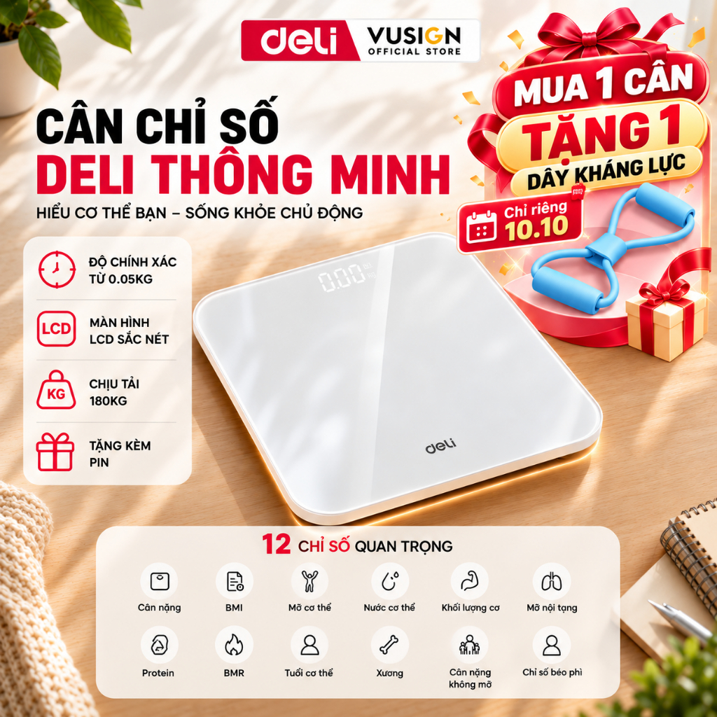 [DEAL SỐC] Cân Sức Khỏe Điện Tử Thông Minh Deli Cân Chỉ Số có App kết nối Bluetooth theo dõi phân tích 12 chỉ số cơ thể