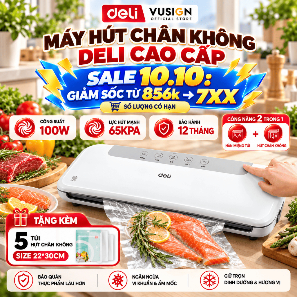 [🔥GIẢM 100K] Máy Hút Chân Không Thực Phẩm Deli Hút Tự Động Hàn Miệng Túi Lực Hút Mạnh Bảo Quản Thực Phẩm Tươi Lâu Hơn
