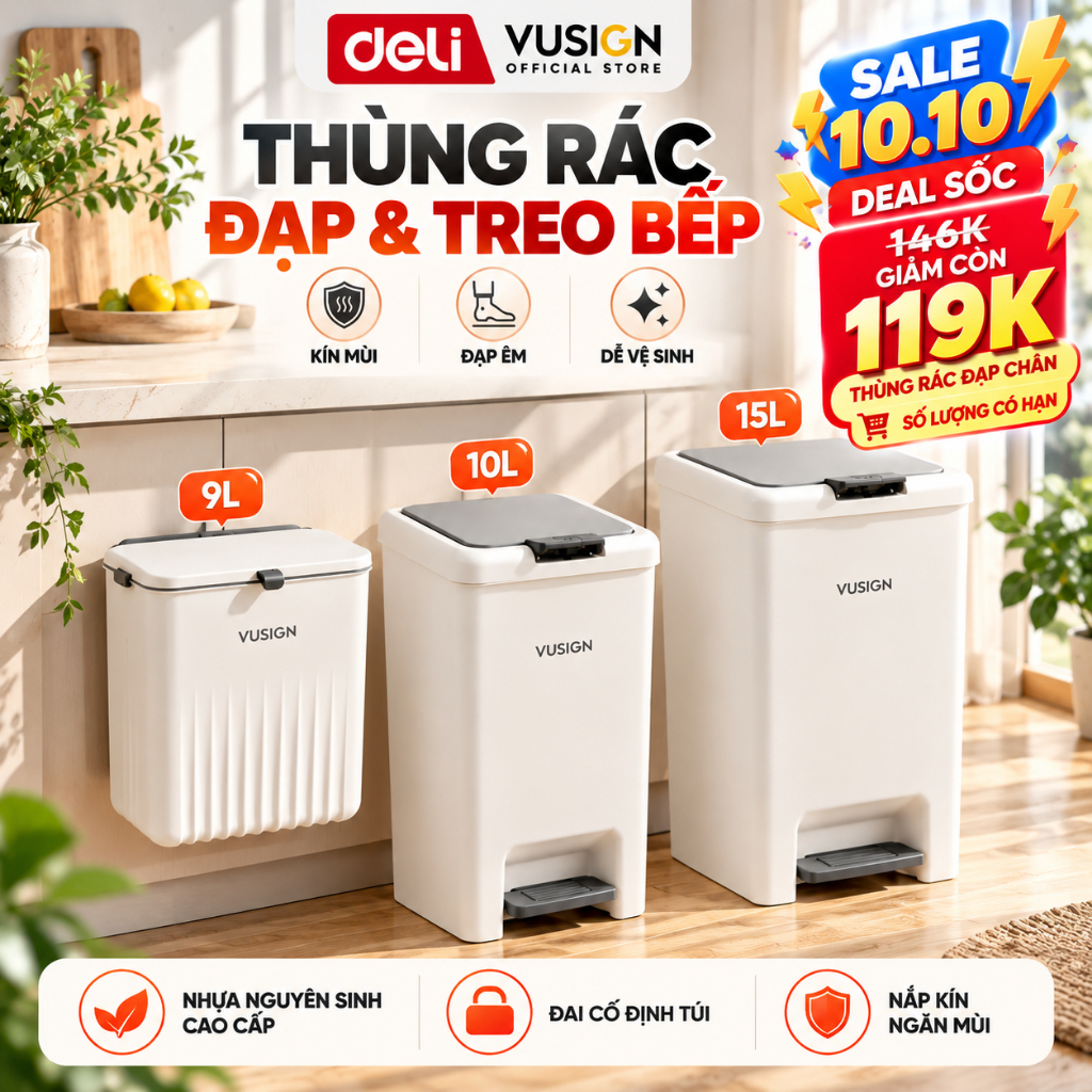 [DEAL HOT 🔥] Thùng rác đạp chân 10L,15L Deli có nắp ấn mở chống mùi sọt rác để phòng khách phòng ngủ