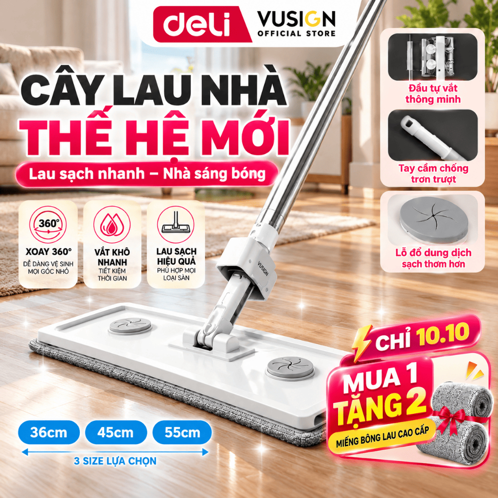 [Tặng Miếng Lau🔥] Cây Lau Nhà Thông Minh Tự Vắt Deli Vusign  Đầu Xoay 360 Độ Linh Hoạt KÈM BÔNG, Lau Siêu Sạch