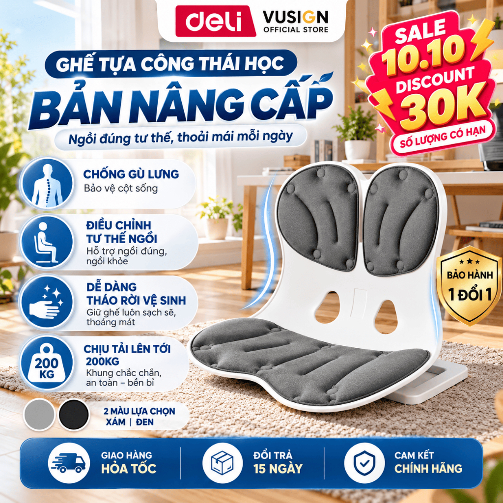 [SALE 10.10🔥] Ghế Bệt Tựa Lưng Công Thái Học Deli Điều Chỉnh Tư Thế Ngồi - Chống Gù Lưng Hiệu Quả, GIảm Đau Mỏi Lưng