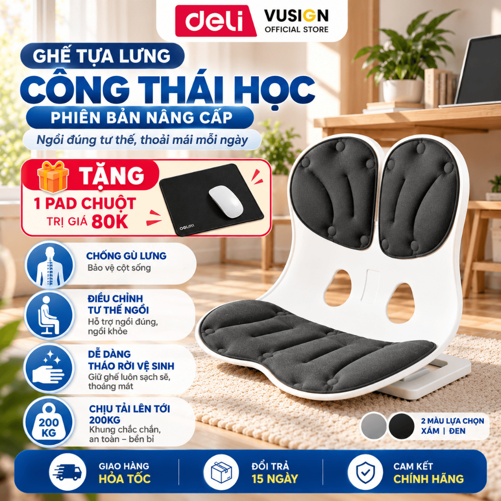 [Tặng Pad Chuột🔥] Ghế Bệt Tựa Lưng Công Thái Học Deli Điều Chỉnh Tư Thế Ngồi Chống Gù Lưng, Ghế Bệt Tựa Lưng