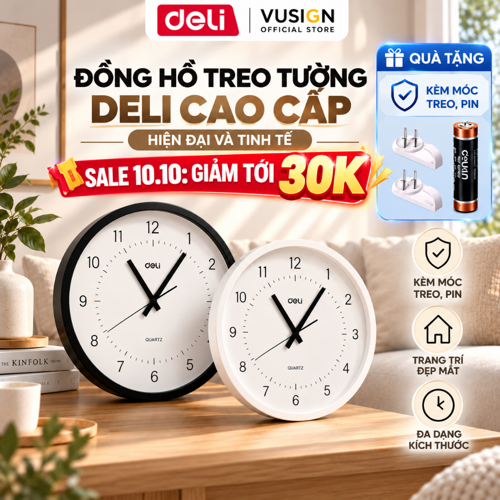 [TOP SALE] Đồng hồ treo tường kim trôi Deli không ồn phong cách tối giản minimalism trang trí decor phòng khách