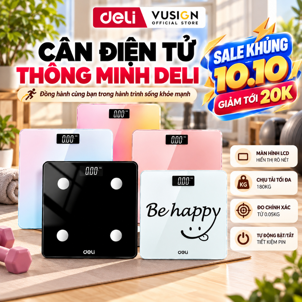 [SALE KHỦNG 🔥]Cân Điện Tử Sức Khỏe Deli Chịu Tải 180kg Màn Hình LED Mặt Kính Cường Lực BẢO HÀNH 3 THÁNG KÈM PIN THAY