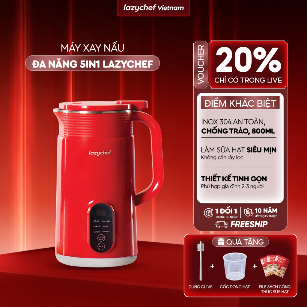 Máy làm sữa hạt đa năng 5in1 LazyChef, nấu cháo, xay sinh tố, chống trào, độ ồn thấp bảo hành 12 tháng chính hãng