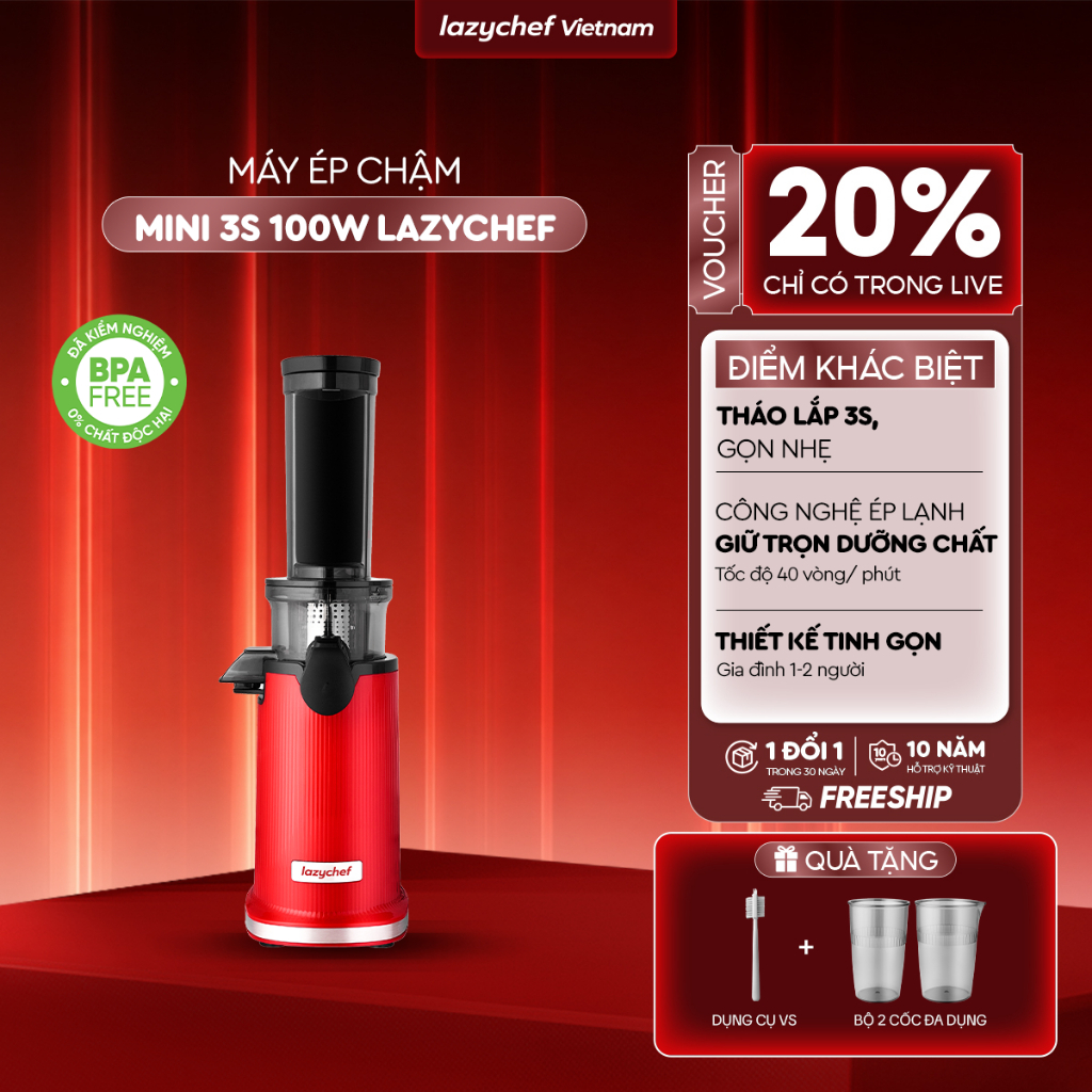Máy ép chậm mini 3S Lazychef nhỏ gọn, tháo lắp trong 3s chính hãng bảo hành 12 tháng chính hãng