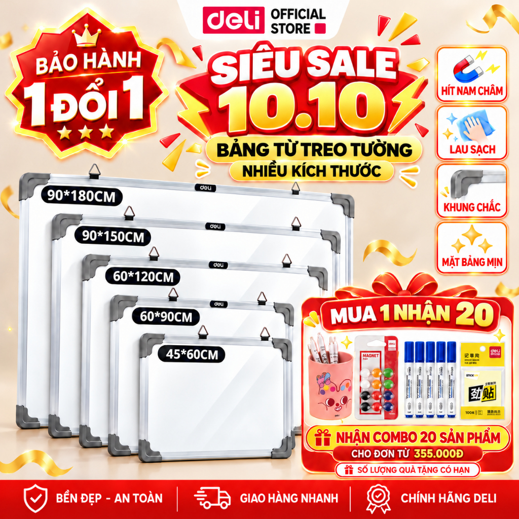 [🔥 MUA 1 NHẬN 20 + VOUCHER 120K] Bảng Từ Trắng Deli Treo Tường Kèm Khay Đựng Bút – Bảng Mica Nam Châm Viết Bút Lông