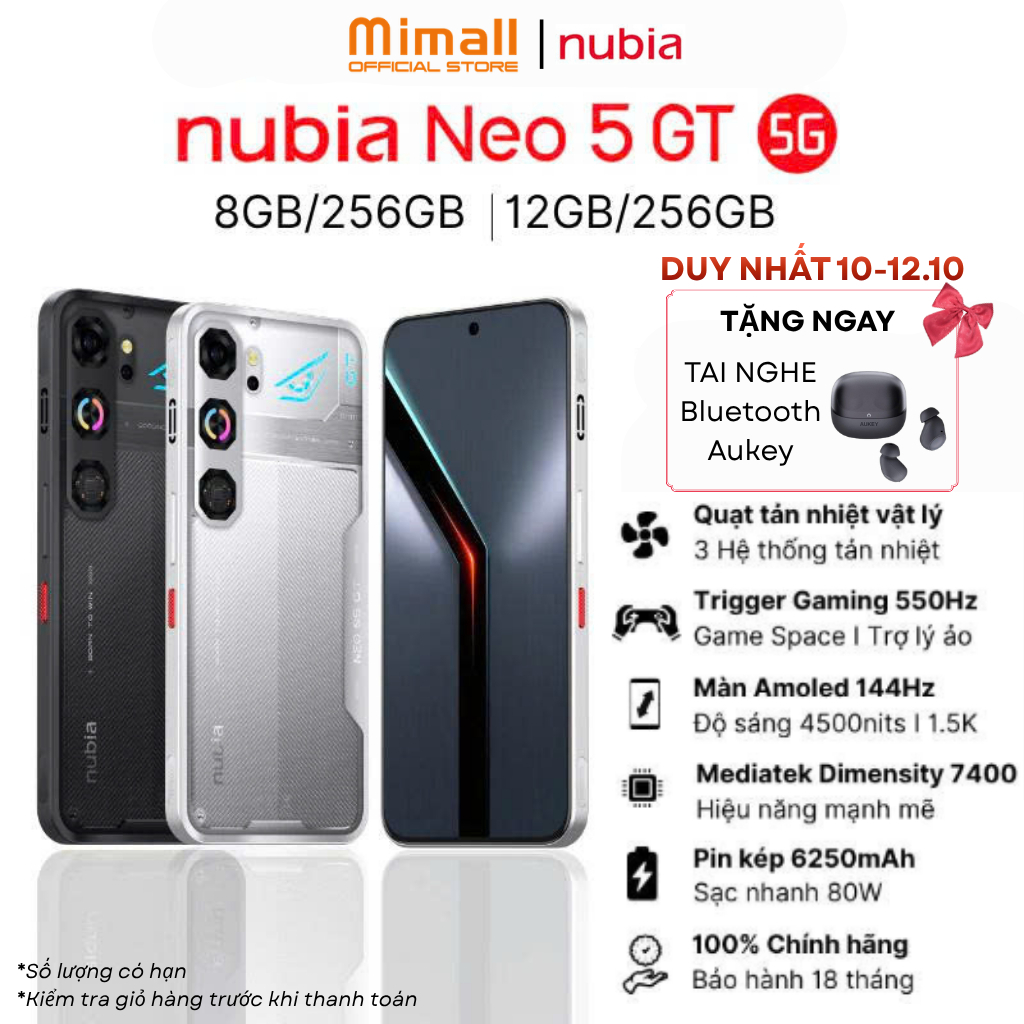 Điện thoại gaming Nubia Neo 5 GT I Màn AMOLED 144Hz I 3 Công Nghệ Tản Nhiệt I Pin 6210mAh sạc 80W - Bảo hành 18 tháng