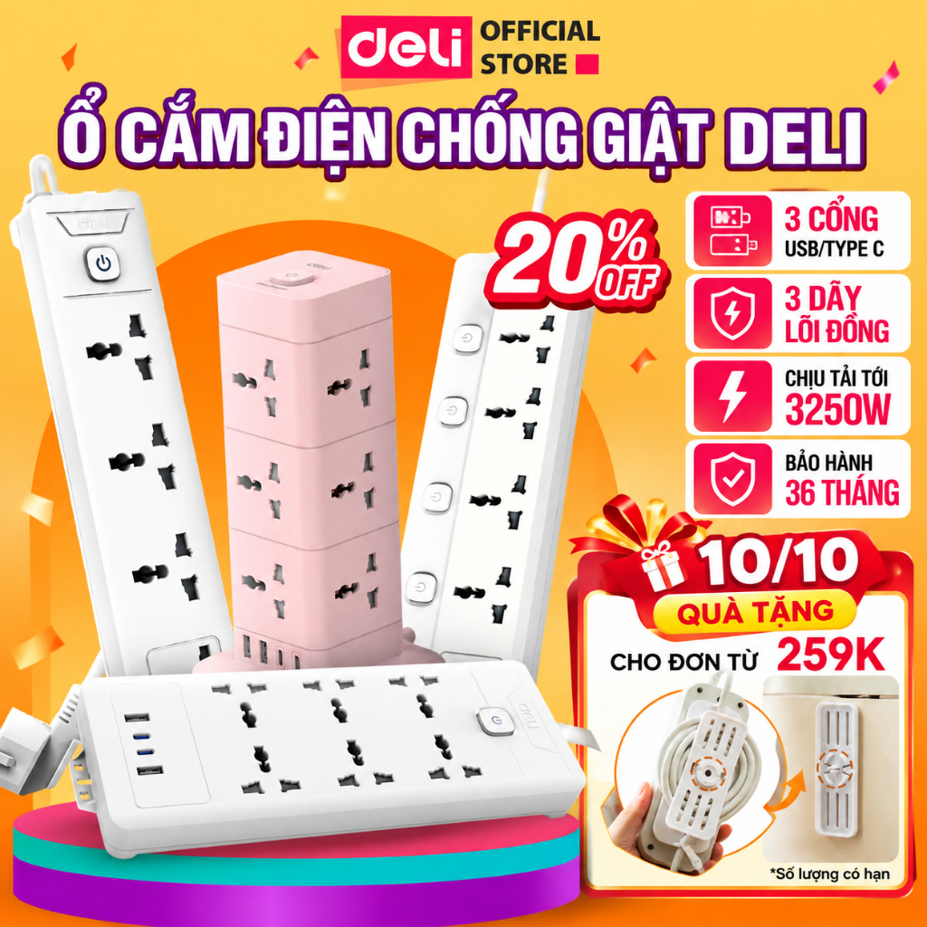 [HỎA TỐC] Ổ Cắm Điện DELI Sạc NhanhPD20W Tích Hợp USB - Ổ Điện Đa Năng 2500W An Toàn Có Cầu Chì