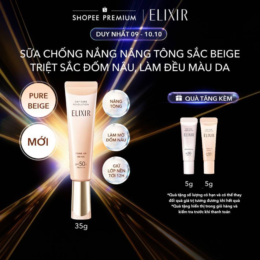 | SẮC BEIGE MỚI | Sữa chống nắng nâng tông chống lão hóa triệt sắc đốm nâu Elixir Day Care Revolution Tone-up Beige 35g