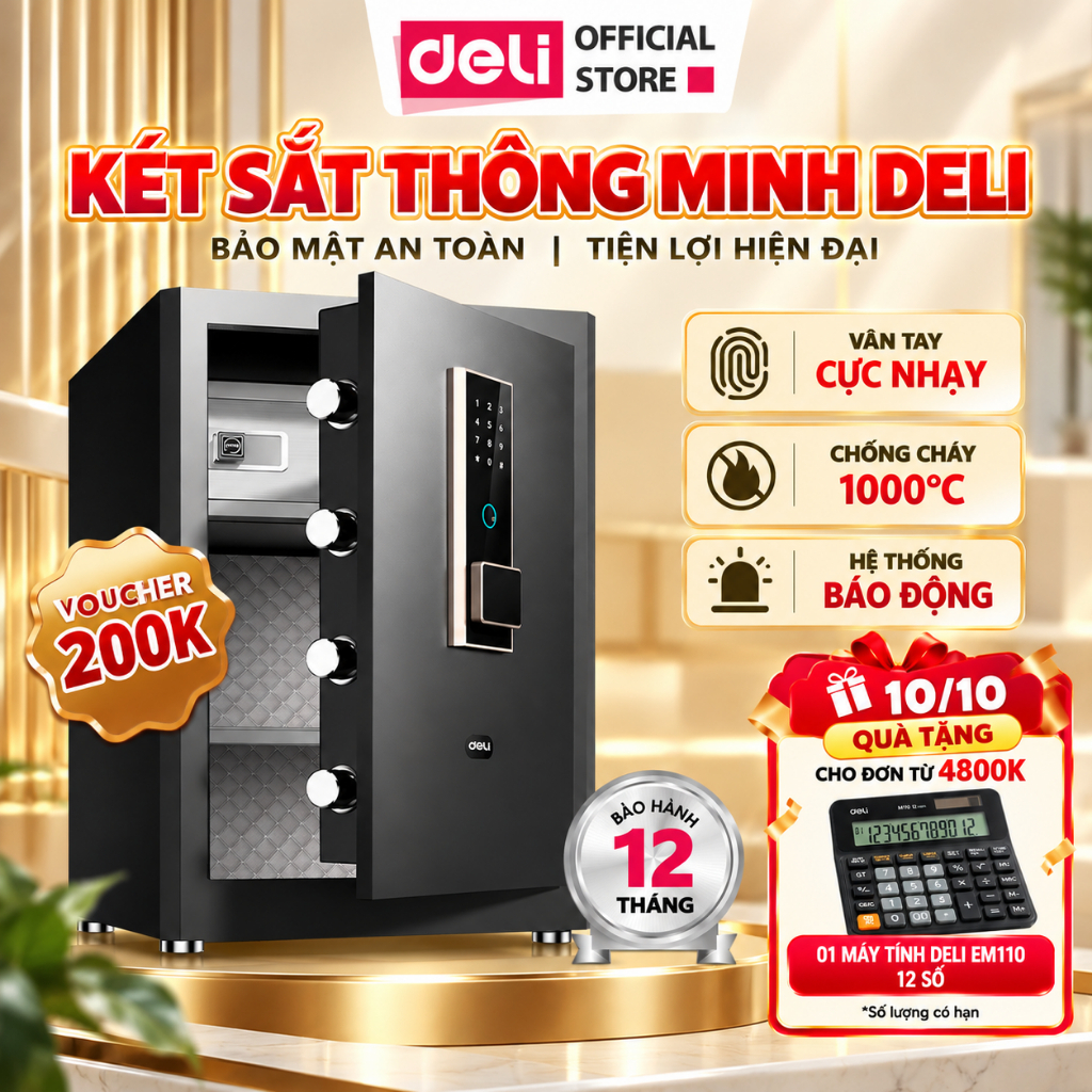 [🔥TẶNG MÁY TÍNH] Két Sắt Thông Minh Chống Cháy Deli ET595 Két Sắt Vân Tay Mật Mã Gia Đình Văn Phòng Két Sắt Khách Sạn