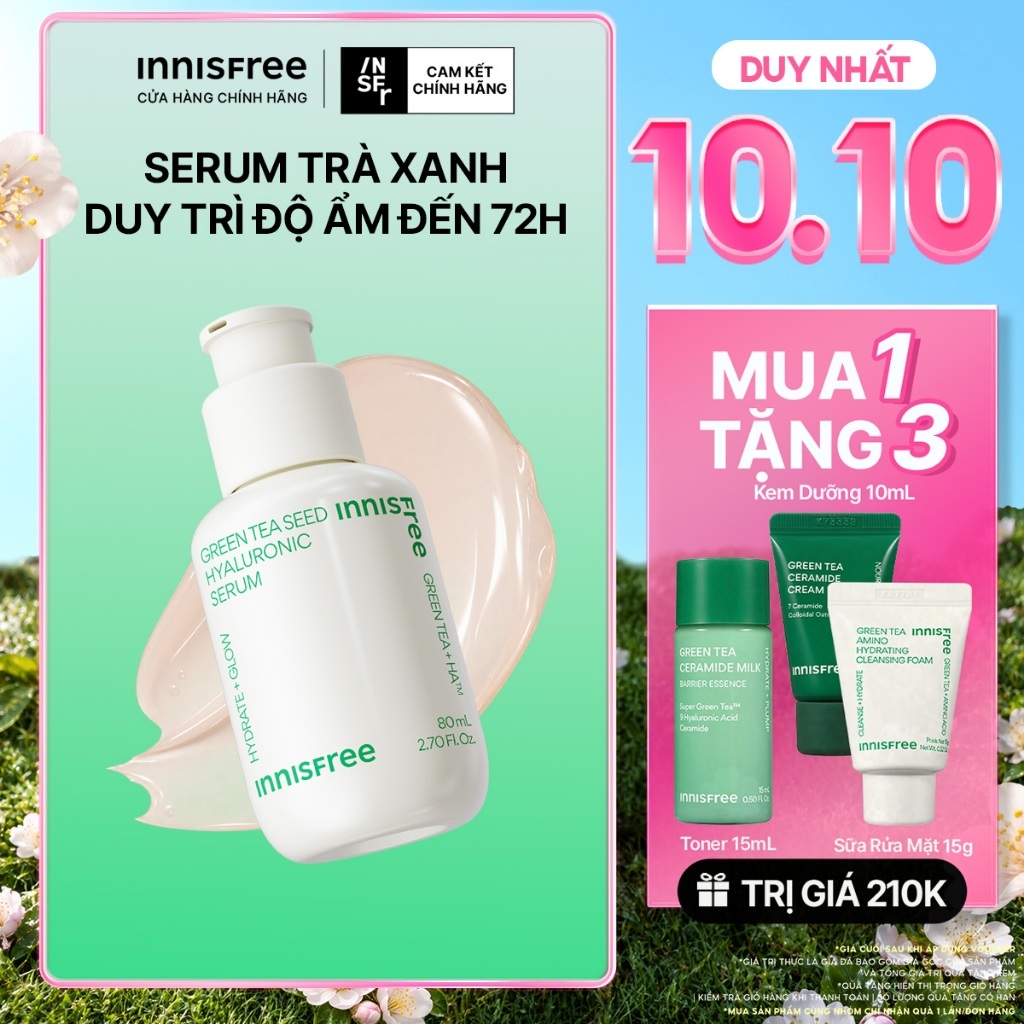 Serum trà xanh cấp ẩm sâu phục hồi da, với Probiotics INNISFREE Green Tea Seed Hyaluronic Serum 80mL